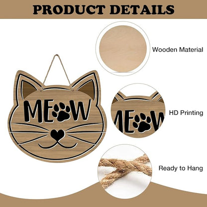 Cute Cat Meow Front Door Sign, Pet Farmhouse Wood Door Hanger Outdoor Outside Porch Decor, Paw Print Rustic Wooden Wreath Indoor Wall Hanging Decoration Cat Lover Owner Gift
