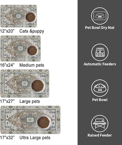 Dog Food Mats for Floors, Absorbent and Quick-Drying Pet Cat Food Mat,Anti-Fouling and Easy-to-Clean Pet Feeding Mat,Dog Bowl Mat for Messy Drinking Water Bowls.16 x24, Bohemia Style
