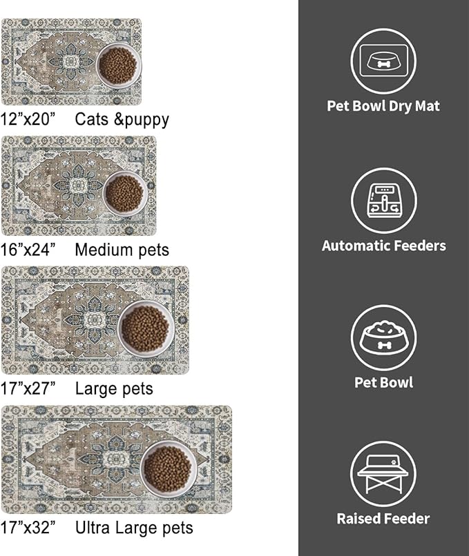 Dog Food Mats for Floors, Absorbent and Quick-Drying Pet Cat Food Mat,Anti-Fouling and Easy-to-Clean Pet Feeding Mat,Dog Bowl Mat for Messy Drinking Water Bowls.17 x32, Bohemia Style