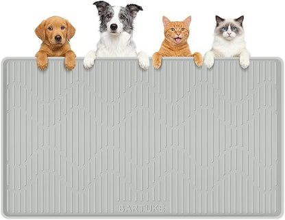 Silicone Cat & Dog Food Mat, 40"x 28" Extra Large Pet Feeding Mat for Cats and Dogs Bowl, Pet Placemat for Food and Water with Raised Edge, Waterproof, Leakproof (Grey)