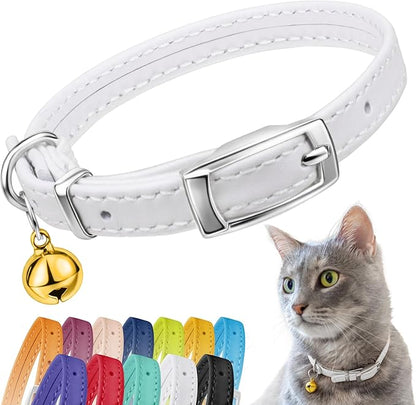 CollarDirect Leather Cat Collar with Bell - Kitten Collar, Small and Big Cat Collar for Boy Cats, Girl Cats with Safety Elastic Strap (Neck Fit 6"-7", White)