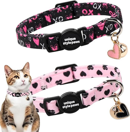 Unique style paws 2 Pack Valentine Kitten Collar Breakaway with Bell&Pendant, Adjustable Safety BlackBerry Pink Love Heart Cat Cotton Collar for Girl Boy Cat and Small Pet