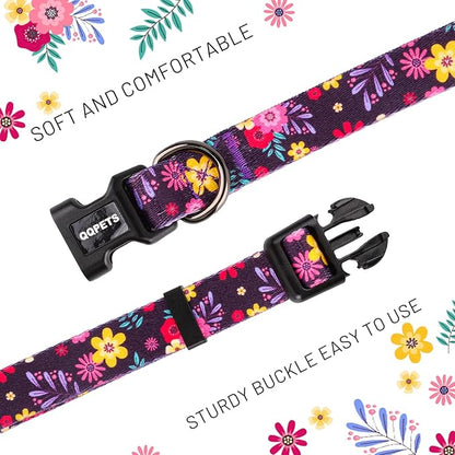 QQPETS Adjustable Soft Dog Collar: Print Flower Pink Multicolor Cute Patterns for XS Small Medium Large Pet Girl Boy Puppy Walking Running Training (XS, Elegant Purple)