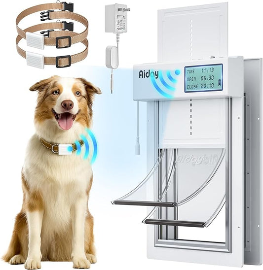 Automatic Dog Door with Collar Sensor, 2-Flap Large Electronic Dog Door for Door with Anti-Pinch, Mains-Powered, LCD Display, Timing Function, Metal Frame- L