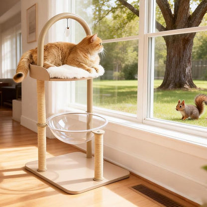 Modern Cat Tree Tower for Indoor Cats up to 12lbs, 34" H Furniture-Style Metal Cat Tower with Scratching Posts, Wood Cat Bed with Soft Plush Cushion Washable, Acrylic Capsule, Cream Beige