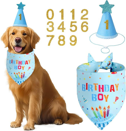 Dog Birthday Party Supplies with Hat Bandana Numbers, Light Blue Dog Birthday Set for Small Pets Puppy Boy