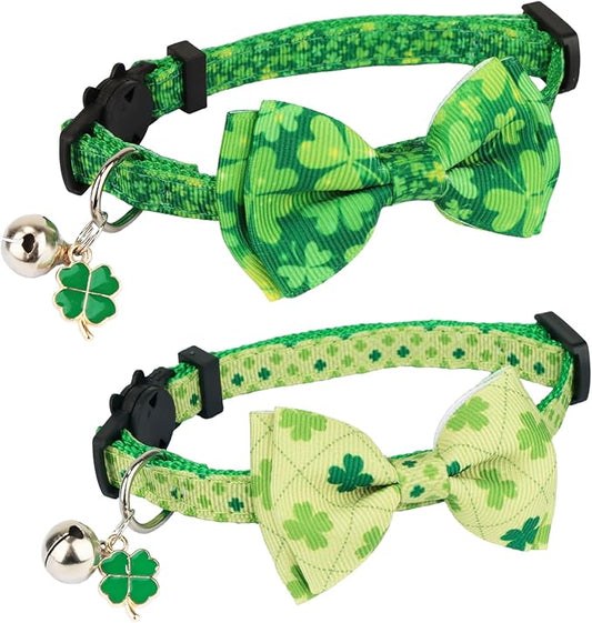 ADOGGYGO St. Patrick's Day Cat Collars with Bow Bell, Breakaway Cat Bowtie Collar Green Shamrock Pattern Saint Patrick Collars for Girl Boy Cats Kittens (St. Patrick's Day)