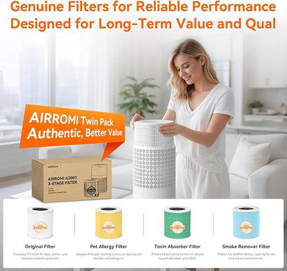 AIRROMI Air Purifier for Bedroom with HEPA 3-in-1 Filter, Pet Air Purifier for Home Cat Pee Smell, Covers Upto 990 Ft², Quiet 360° intake Air Cleaner for pet hair,allergies,Dust,Smoke A2001 White