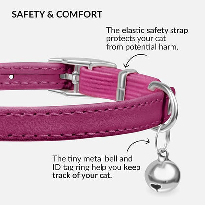 CollarDirect Leather Cat Collar with Bell - Kitten Collar, Small and Big Cat Collar for Boy Cats, Girl Cats with Safety Elastic Strap (Neck Fit 8"-11", Pink)