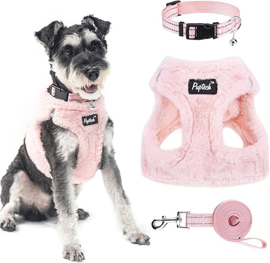 PUPTECK Adjustable Dog Harness Collar and Leash Set Step in No Pull Pet Harness for Small Medium Dogs Puppy and Cats Outdoor Walking Running, Soft Mesh Padded Reflective Vest Harnesses, Plush Pink XS