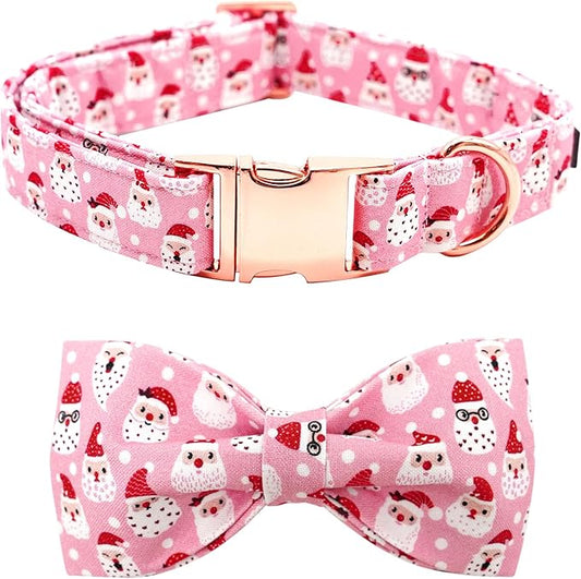 Dog Collar, Christmas Pink Santa Claus Cotton Pet Collar Bow Holiday Girl Boy Cute Puppy Collar Adjustable Pet Collar for Small Dogs