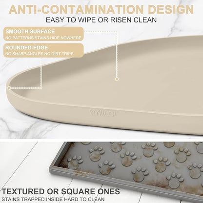Silicone Pet Food Mat with Raised Edge for Food and Water Bowl, Dog Feeding Mats, Cat Food Trays for Floor Waterproof, Rubber Tray for Dogs and Cats, 19 x 12 x 0.7 Beige