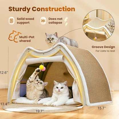 Cat Houses for Indoor Cats - 4 Seasons Cat Bed Cave with Natural Sisal Cat Scratcher Mat, Solid Wood Frame Cat House with Curtains and Cat Floor Scratching Pad Rug, Protect Couch and Carpets, M