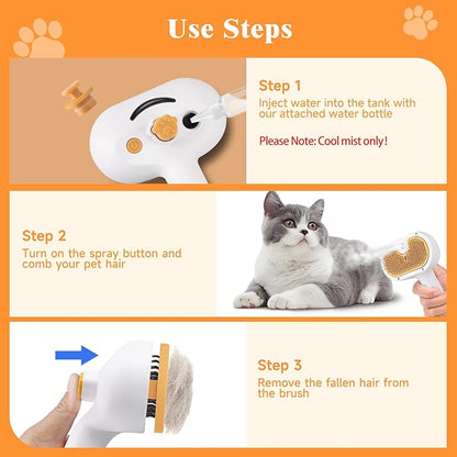 Pet Steam Brush for Dog & Cat – shower bath brush – Steam for Shedding & Grooming Water Brush for Long & Short Haired Pets Spritz Defur Comb 3-in-1 Spray Hair Removal Comb Includes 2*Waterless Shampoo