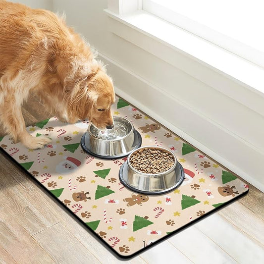 Christmas Dog Food & Water Mat, Paw Prints Santa Claus Snowman Xmas Pet Feeding Mat for Floor Non-Slip Waterproof, Super Absorbent Cat Bowl Mat, Easy to Clean Pet Placemat,24" × 32"