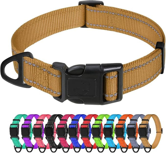 TagME Reflective Nylon Dog Collars, Adjustable Classic Collar with Quick Release Buckle for Medium Dogs, Khaki, 1.0" Width