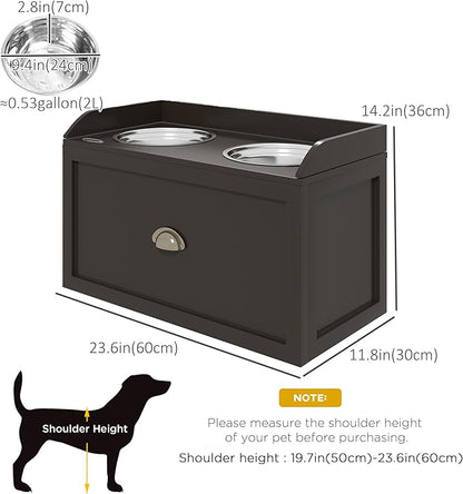 PawHut Dog Feeding Station with Storage Drawer, Dog Food Storage Cabinet with 2 Removable Elevated Pet Bowls for Large Sized Dogs, Coffee