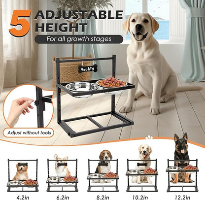 Elevated Dog Bowls with Slow Feeder Dog Bowls, 5 Height Adjustable Raised Bowl Stand with 2 Stainless Steel Food & Water Container, Pet Bowl Elevated for Medium Large Pet
