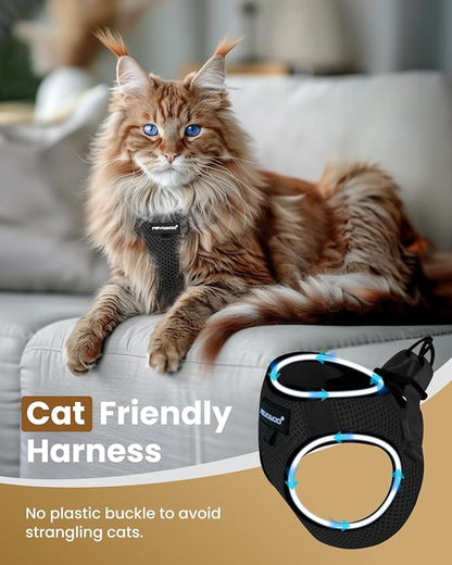 FAYOGOO Cat Harness and Leash Set | Upgrade Step-in Escape Proof Harness | Lightweight Soft Vest, No-Choke Design for Walking, Travel, Camping (Black)