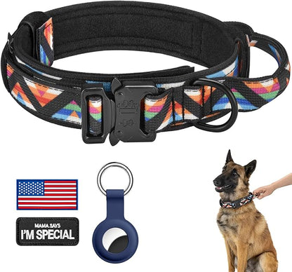 DAGANXI Tactical Dog Collar, Adjustable Military Training Nylon Dog Collar with Control Handle and Heavy Metal Buckle for Medium and Large Dogs, with Patches and Airtags Case (M, Colorful Triangle)