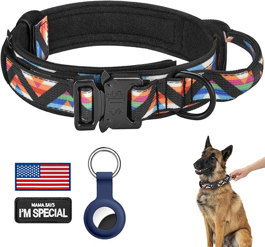 DAGANXI Tactical Dog Collar, Adjustable Military Training Nylon Dog Collar with Control Handle and Heavy Metal Buckle for Medium and Large Dogs, with Patches and Airtags Case (M, Colorful Triangle)
