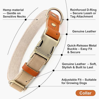Plutus Pet Genuine Leather & Hemp Dog Collar – Adjustable Heavy Duty Pet Collar with Quick Release Metal Buckle, Soft & Stylish for Puppy and Small, Medium, Large Dogs (Beige, XS)