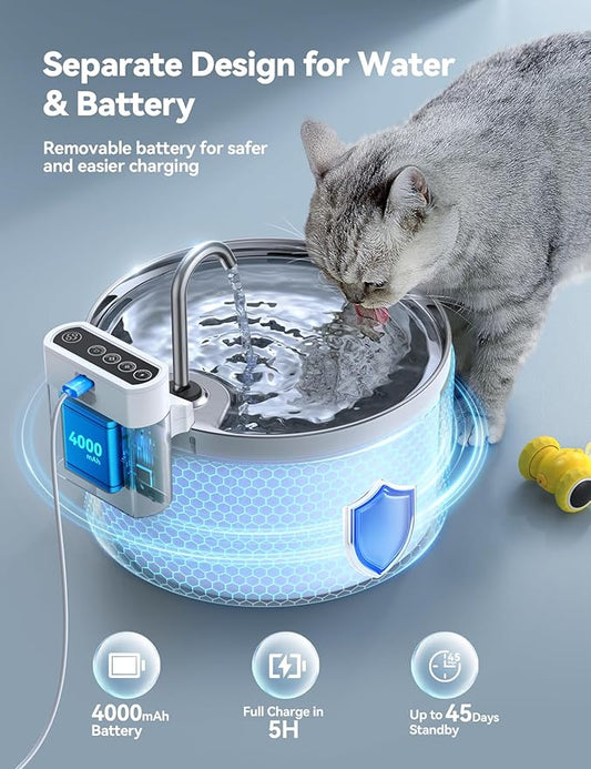 Wireless Cat Water Fountain with Sensor [Water & Battery Separation] FEELNEEDY Smart Pet Water Fountain, 3.5L/118oz 4000mAh Battery Operated Water Fountains for Cats Dogs + 6 Filters