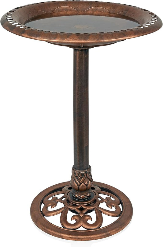 Alpine Corporation | 28" Bronze Outdoor Pedestal Birdbath with Scrollwork Base and Ground Stakes — Elegant Garden Décor, Durable Weather-Resistant Design for Lawn, Patio, or Yard