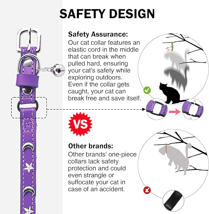 Leather Cat Collars for Boy Girl Cats with Bell and Safety Elastic Belt, Personalized Star and Moon Stud Adjustable Safe Buckle Collar for Kitty Small Big Cats Size 7-9 Inch, Purple