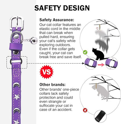 Leather Cat Collars for Boy Girl Cats with Bell and Safety Elastic Belt, Personalized Star and Moon Stud Adjustable Safe Buckle Collar for Kitty Small Big Cats Size 7-9 Inch, Purple