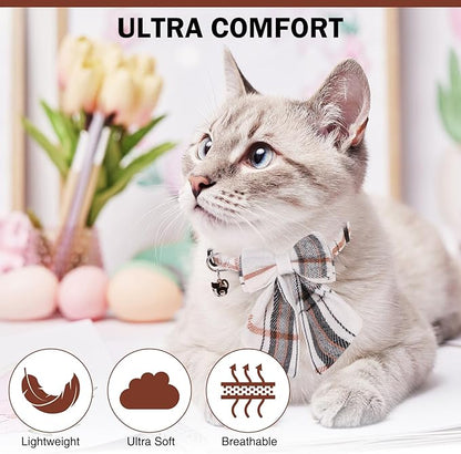 Cat Collar with Bells Breakaway, Bowtie Cat Collar for Boy Girl Cats with Removable Bow Tie Collar, Cute Plaid Kitten Collar with Bell & Pendant Adjustable, 2 Pack Pet Collars for Cats Puppy