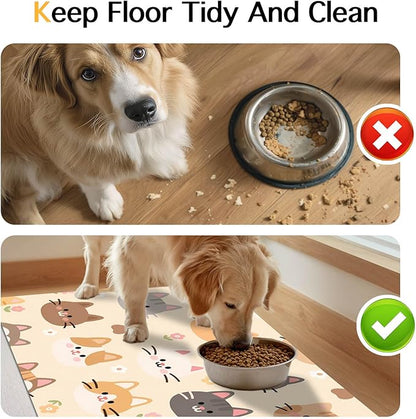 Cat Feeding Mat 24x16 inch Beige Kitten Print Pet Bowl Placemat Non Slip Floor Mat for Food and Water Indoor Kitty Feeding Station Cute Meal Pad for Small Pets Kitchen Use