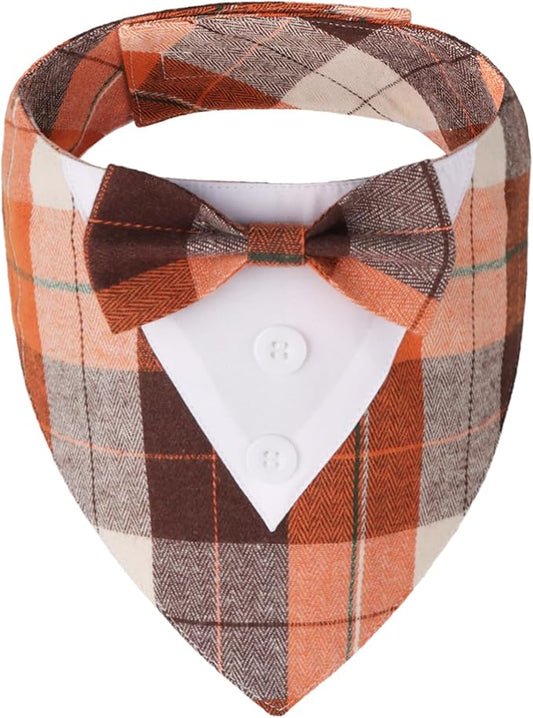 ADOGGYGO Fall Dog Tuxedo Bandana, Orange Plaid Pet Fall Collar with Bowtie, Adjustable Halloween Thanksgiving Costume for Extra Small Dogs (XS)