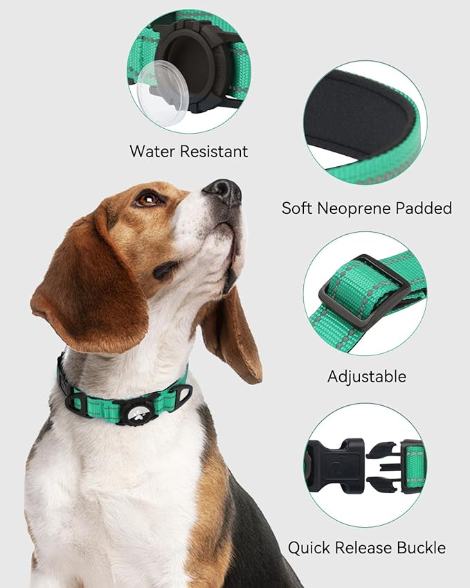 Joytale Airtag Dog Collar, Reflective Pet Collar with Waterproof AirTag Holder, Dual D-Rings, Soft Padded Adjustable for Small Dogs, Teal, S