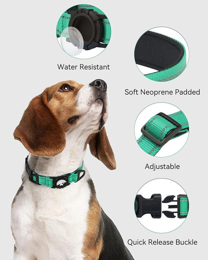Joytale Airtag Dog Collar, Reflective Pet Collar with Waterproof AirTag Holder, Dual D-Rings, Soft Padded Adjustable for Large Dogs, Teal, L