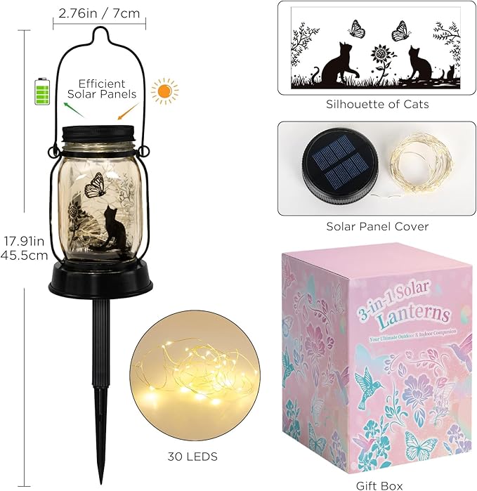 kyoryuger Cat Lover Gifts for Mom/Grandma/Women/Sister Cat Butterfly Solar Light Gifts Solar Lanterns Outdoor Waterproof Fairy Lights Led Mason Jar Hanging Cat Lamps Decor for Garden Yard Patio