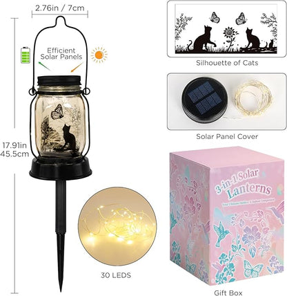 kyoryuger Cat Gifts for Women/Mom/Grandma/Sister, Cats Butterfly Solar Lights Outdoor Hanging Cat Lanterns Fairy Lights, Kitty Lamps Decor for Yard Lawn Garden Patio