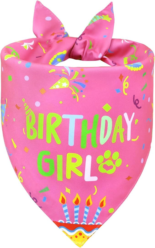 Dog Birthday Bandana Girl for Large X-Large Dogs, Reversible 2 Patterns in 1, Pink Confetti Scarf, Happy Birthday Party Outfit Puppy Gift (18-23" Neck)