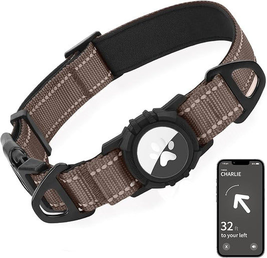 Joytale Airtag Dog Collar, Reflective Pet Collar with Waterproof AirTag Holder, Dual D-Rings, Soft Padded Adjustable for Small Dogs, Brown, S