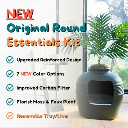Good Pet Stuff Hidden Litter Box Planter, Decorative Cat Litter Enclosure with Carbon Filter, Artificial Plant, Easy Clean, Removable Liner, Round Style, Essentials Kit, Matte Black