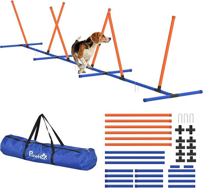 PawHut Adjustable Dog Agility Training Equipment, Dog Agility Course Backyard Set with Weaves Poles, Carry Bag and Ground Stakes for Pet Park Games Exercise