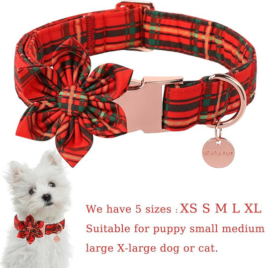 Christmas Dog Collar with Flower, Cotton Christmas Plaid Collar for Medium Girl Boy Dog,Red &Green Plaid Dog Collar Bowtie with Durable Metal Buckle,Adorable Pet Collar,L,Neck 16-24in
