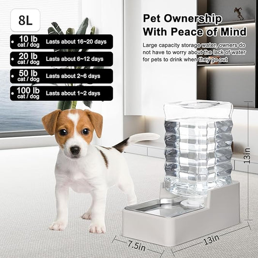 RIZZARI Stainless Steel Pet Water Feeder: 8L Gravity Waterer, Leak-Proof No-Spill Auto Refill - Keeps Floors Dry - Anti-Tip Base - Easy Clean - with Filter - for 25-35 LB Dogs - Home/Office