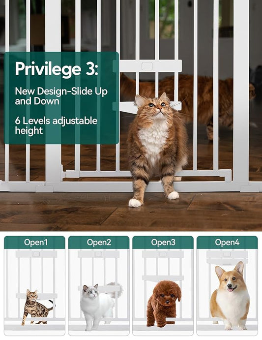 BABELIO New Version Baby Gate with Cat Door Adjustable,29-40" Metal Pet Door for Stairs & Doorways,Pressure Mounted,No Tools Needed,White