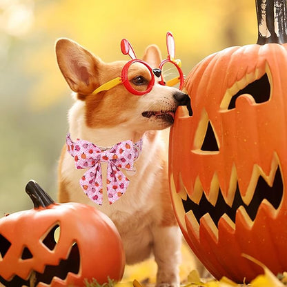 Halloween Pumpkin Dog Collar with Bow Tie, Pink Halloween Puppy Bowtie Collar with Adjustable Metal Buckle,Fancy Dog Collar Bowtie for Girl Boy Dog,S