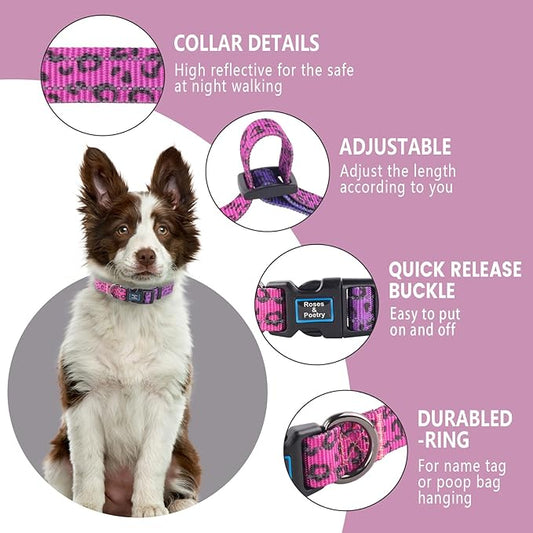 Roses&Poetry Small Dog Collar, Cute Leopard Style Adjustable Reflective Puppy Collars Durable Pet Collars for Small Medium Large Dogs(Rose-Leopard S)