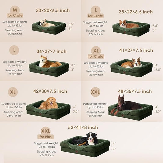 EHEYCIGA Orthopedic XXL Dog Bed for Large Sized Dog, 52x41x8 Inch Extra Large Memory Foam Dog Couch Bed with Sides, Waterproof Liner & Washable Removable Cover, Bolster Pet Sofa, Dark Green