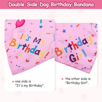 Dog Boy Girl Birthday Party Hat, Dog Birthday Party Supplies, Doggie Birthday Bandana Set with Numbers for Gaint and Extra Large Puppy (Pink)