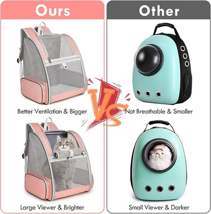 Cat Backpack Carrier, Large Pet Backpack with Kitten Wand Feather Toy for Medium Small Dog Cat Puppy Kitty Bunny up to 15lbs, Ventilated Mesh Dog Travel Carrier for Hiking Walking Outdoor Use (Pink)