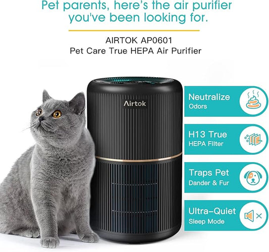 AIRTOK 2 Pack Air Purifier for Home Bedroom, Office Desktop Air Cleaners with 12pcs Fragrance Sponge, H13 HEPA Filter, 4 Stage Filtration up to 376 sqft Black Available for California